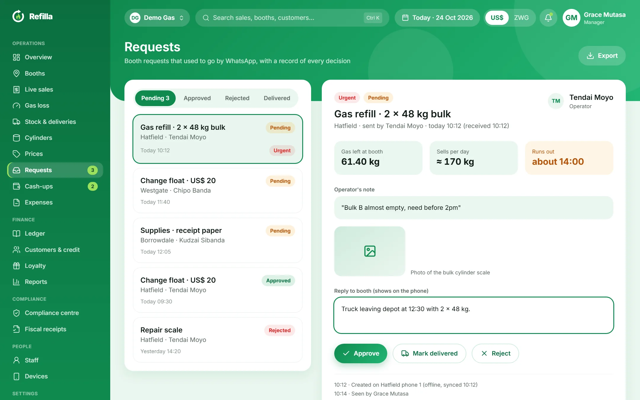 Refilla dashboard: Requests and approvals